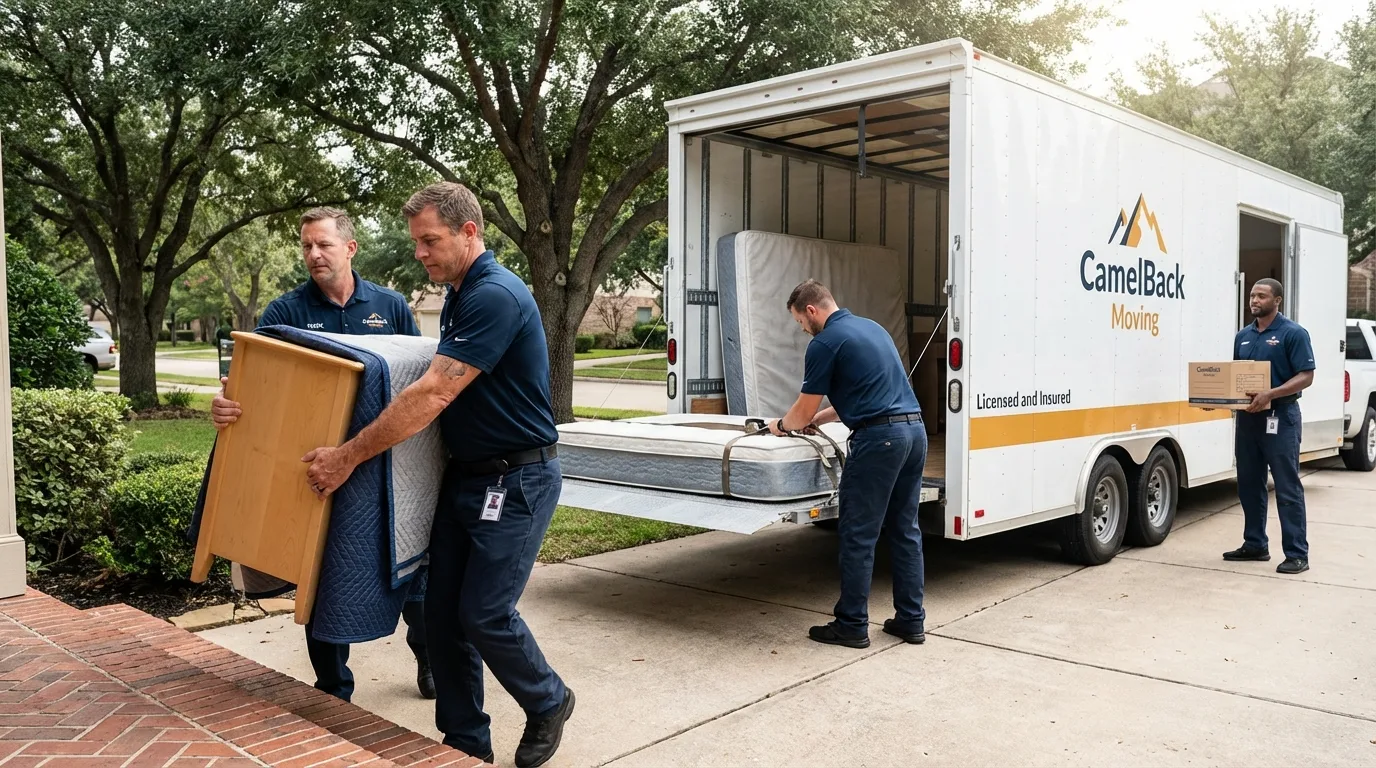 Crew loading residential truck for cross-state move from Nixon, TX