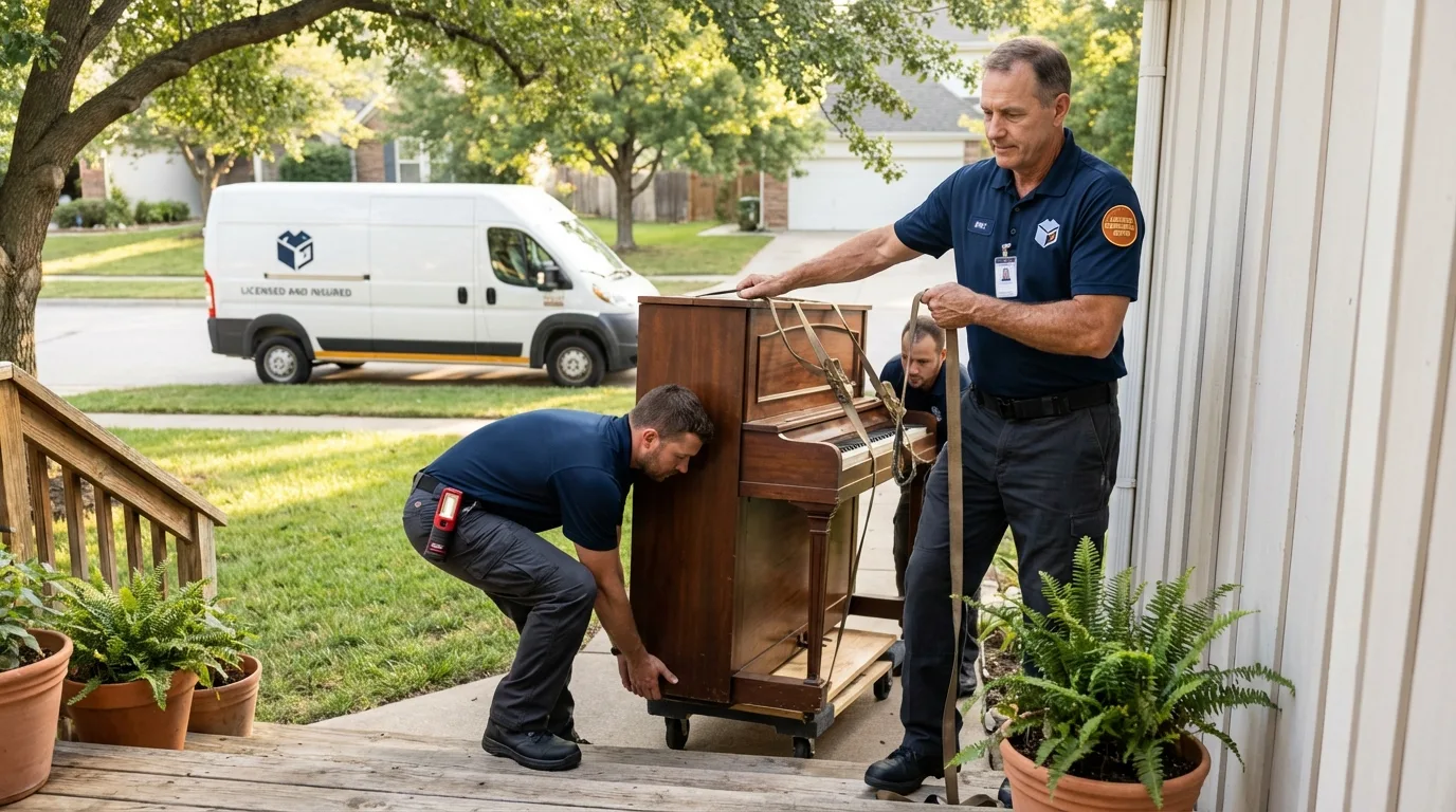 Licensed piano movers securing grand piano in Nixon, TX