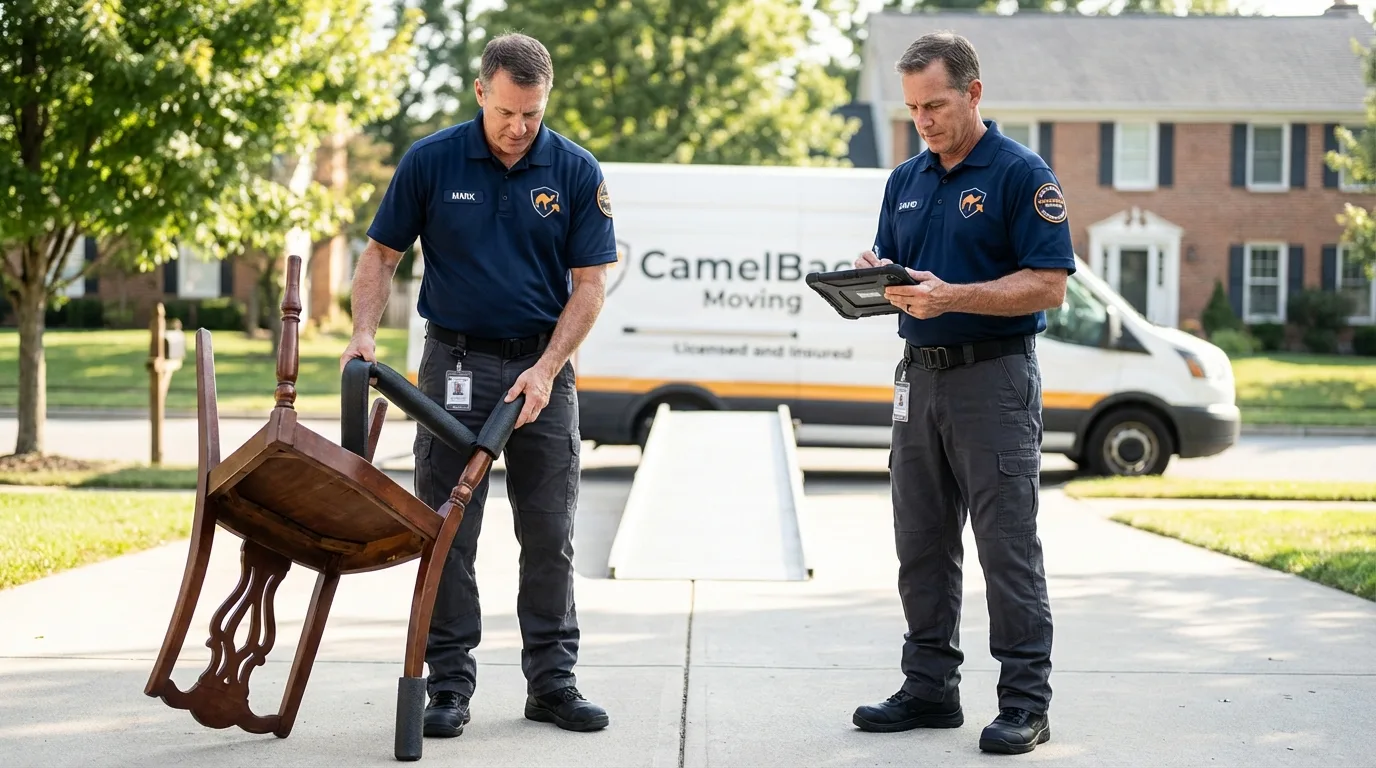 Movers inspecting furniture for damage prevention before loading in Nixon, TX