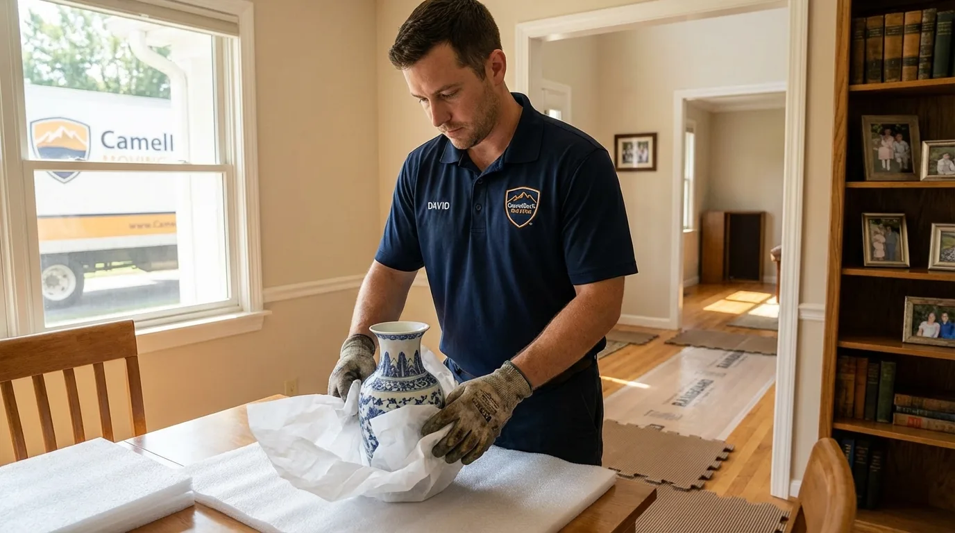 Professional crew carefully wrapping antique vase for senior downsizing move in Nixon, TX